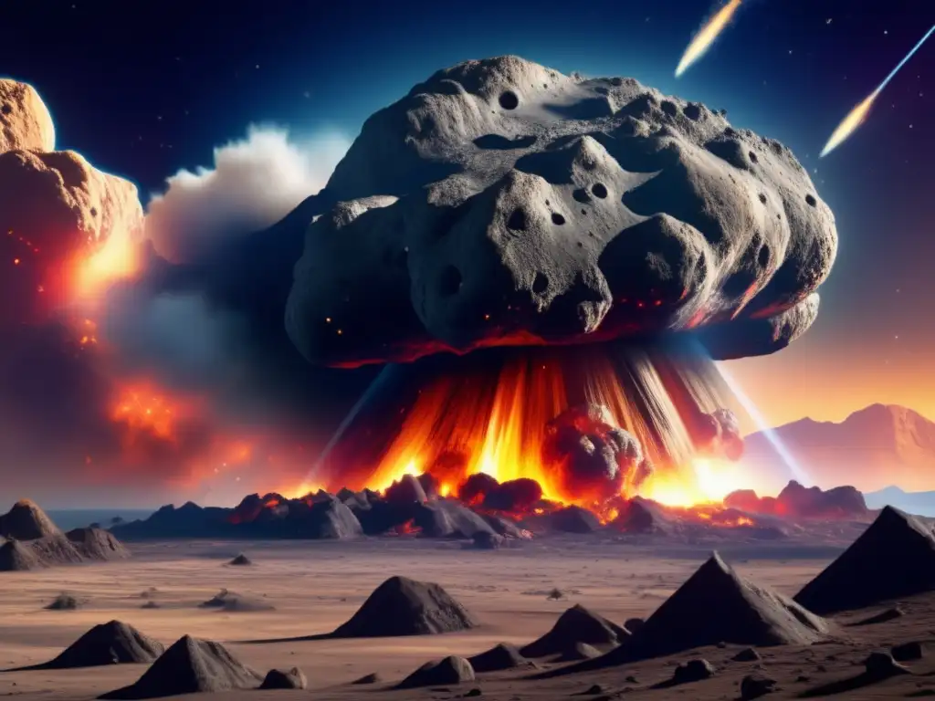 An apocalyptic image of the Asteroid that wiped out the dinosaur dynasty, featuring its immense, serrated shape, the annihilation and pandemonium of the impact, craters and smoke blending seamlessly with other celestial bodies, and a sense of cosmic hornor across the entire canvas