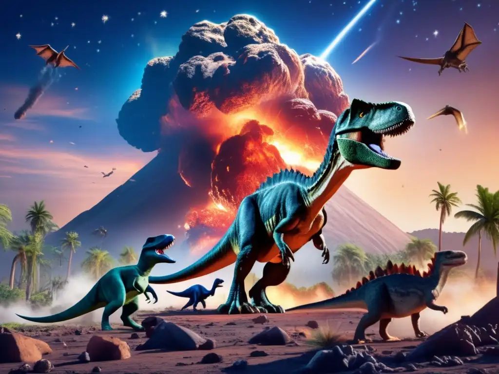 An asteroid impact ravages a prehistoric landscape, taking its toll on dinosaur species in their final moments