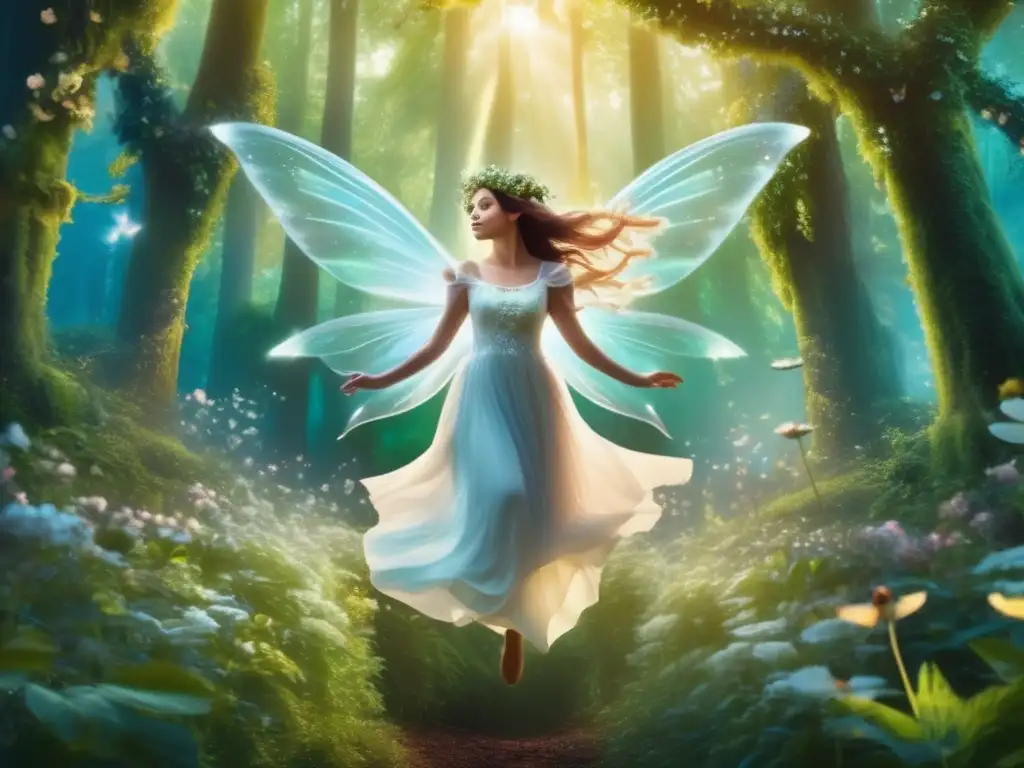 A fairy in a white dress with a shimmering wingspan hovers serenely in a magical forest