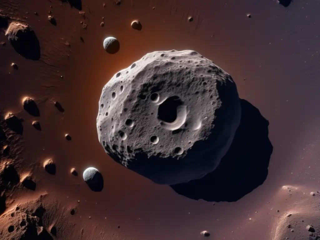 This photorealistic image of the asteroid Feronia is awe-inspiring and highlights its reddish-brown surface, intricate craters, and rugged terrain