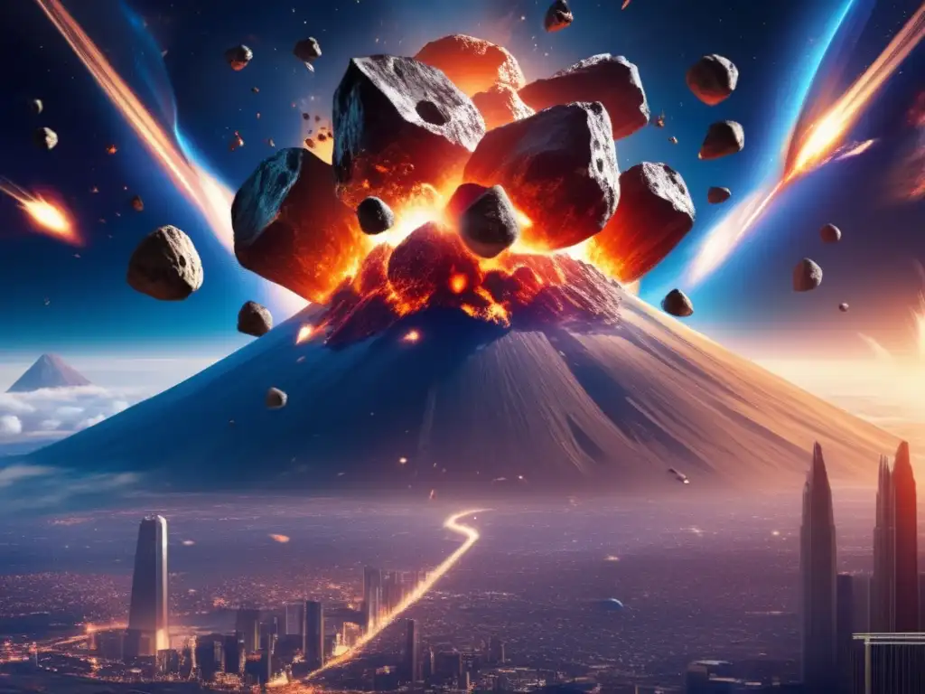 A closeup of an asteroid hoard colliding with Earth's atmosphere, causing a fiery explosion against the backdrop of glorious landmarks and cities