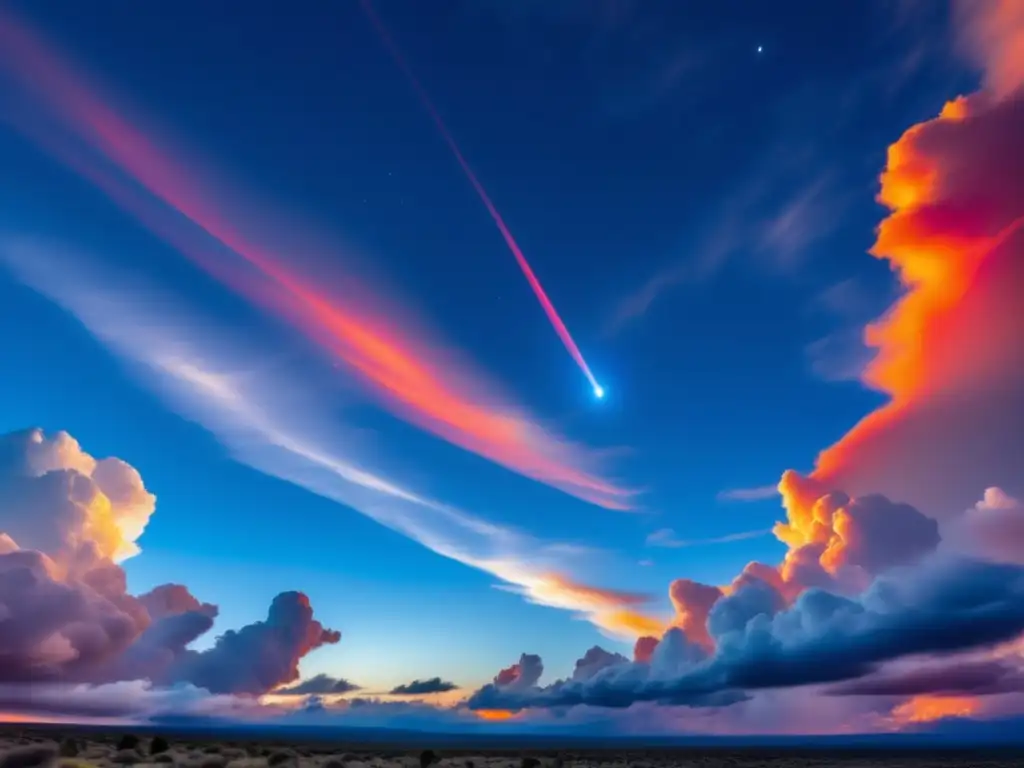 A breathtaking image of a fiery red and orange streak cutting through the vast, open sky filled with bright white clouds