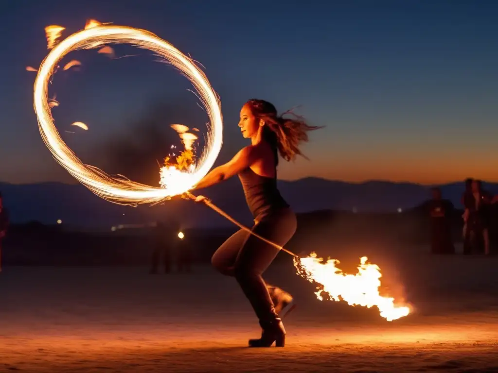 A breathtaking photorealistic image of a fire performer delicately balancing three torches, with flares spinning in the background