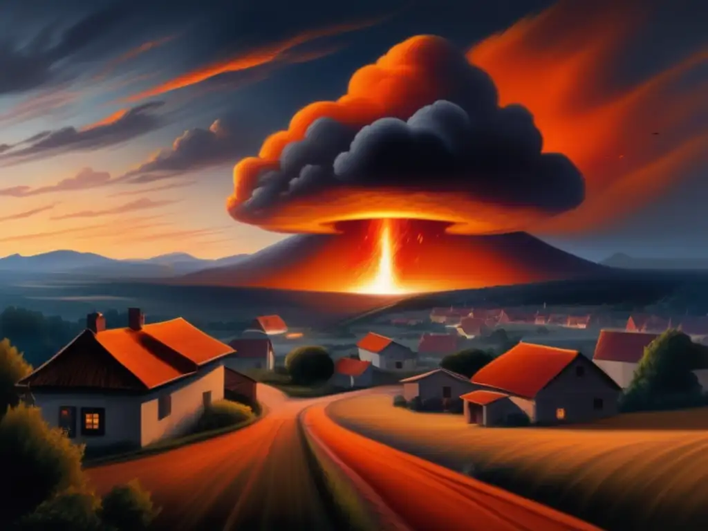 A photorealistic painting captures the midnight sky with overcast clouds, as a fiery object streaks across the horizon