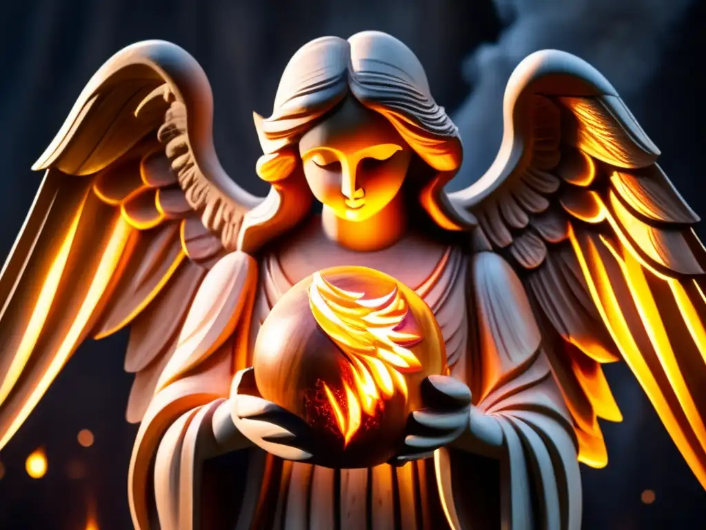 A hauntingly beautiful statue of an angel, seen from a closeup, with its right hand raised over a flaming ball