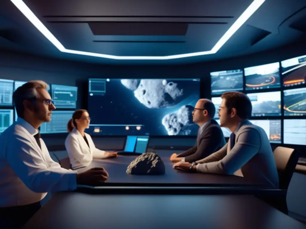 A photorealistic image of scientists and engineers in a control room, focused on a 3D model of an asteroid