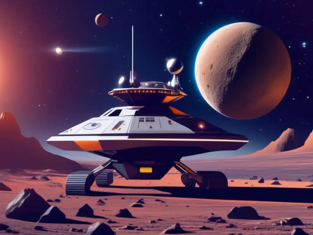 A photorealistic depiction of a futuristic spacecraft, floating in front of a red dwarf planet with a moon orbiting around it