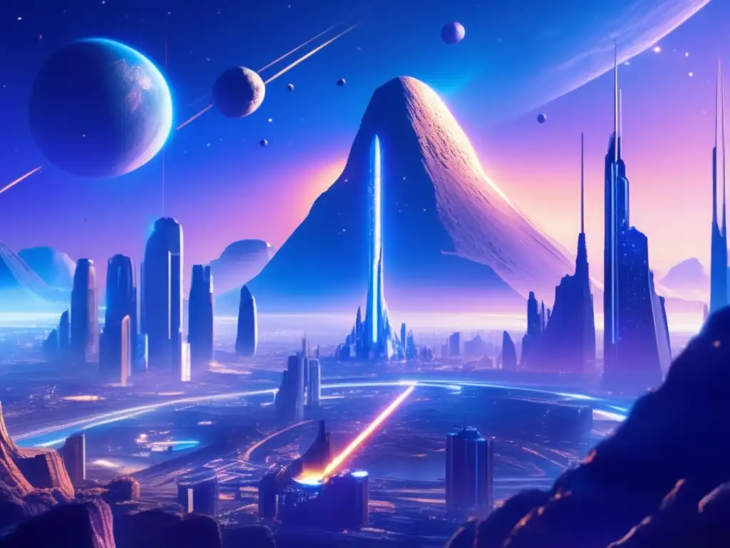 A breathtaking photorealistic image of a futuristic asteroid city, lavish with towering structures and cutting-edge technology visible