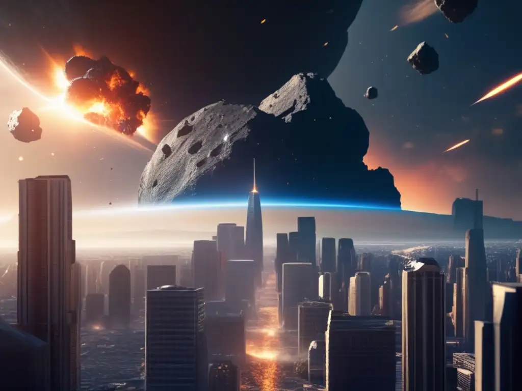 A massive asteroid impacts a futuristic cityscape, causing widespread destruction through shattered windows and collapsing buildings