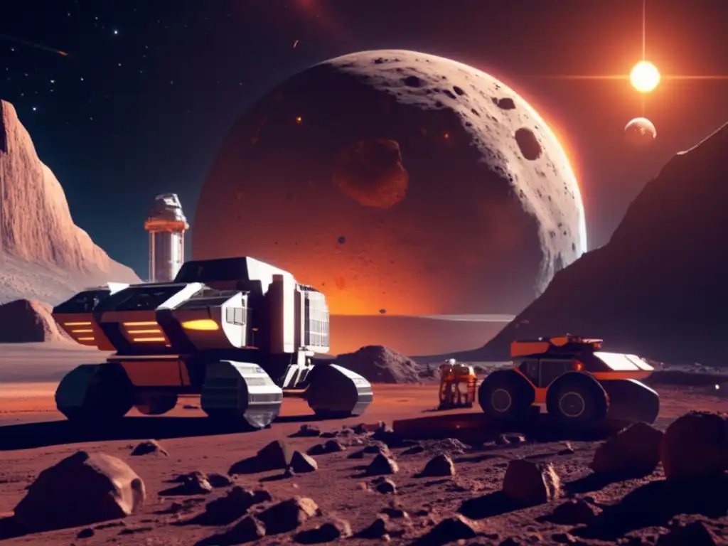 A photorealistic image of a futuristic asteroid mining station, floating amidst asteroid formations in space