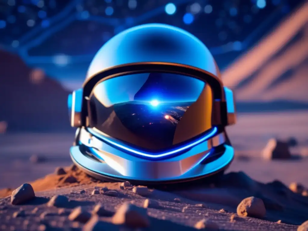 A captivating closeup of a futuristic spacesuit helmet, illuminated by a glowing blue line