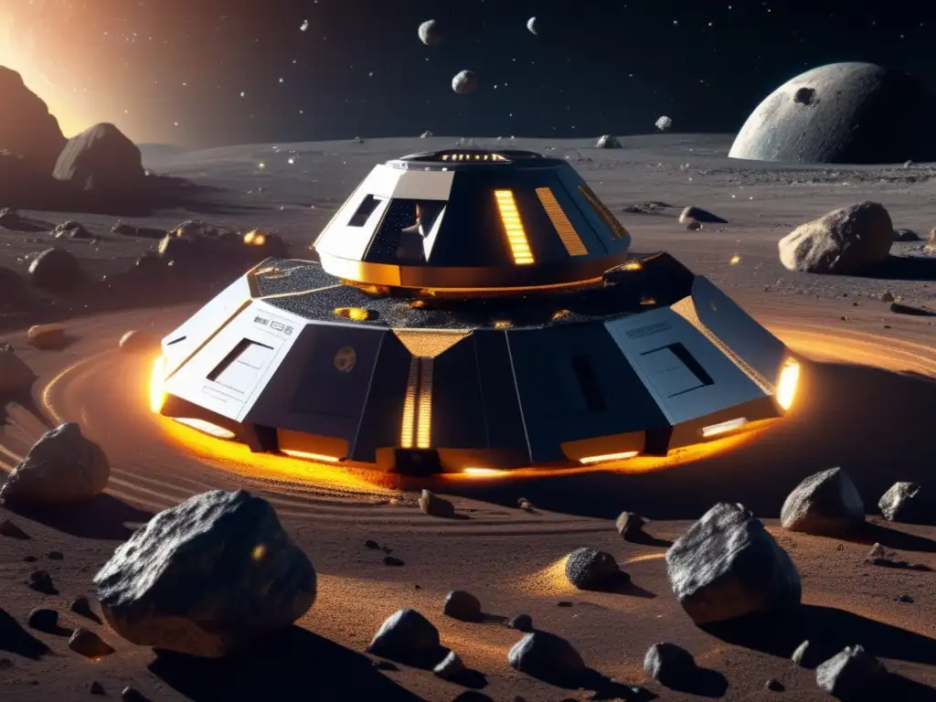 A stunning, photorealistic depiction of a spaceship extracting resources from a swirling field of asteroids