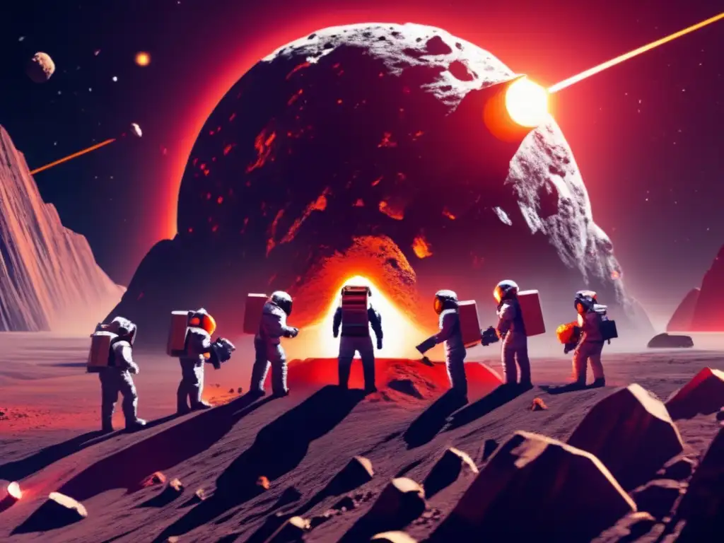 Futuristic asteroid mining spacecraft dNG & nmbin miners in spacessuits, with a glowing red sun in the background