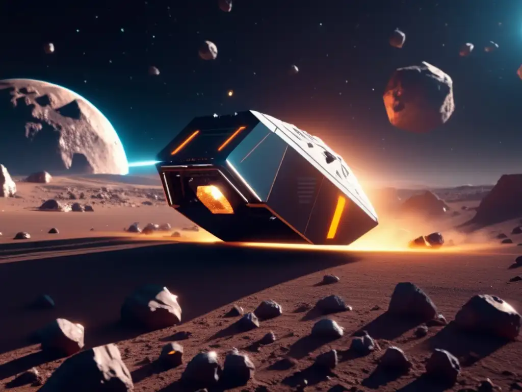 Futuristic asteroid mining spacecraft in action, surrounded by a field of glowing mining asteroids floating in the void of space