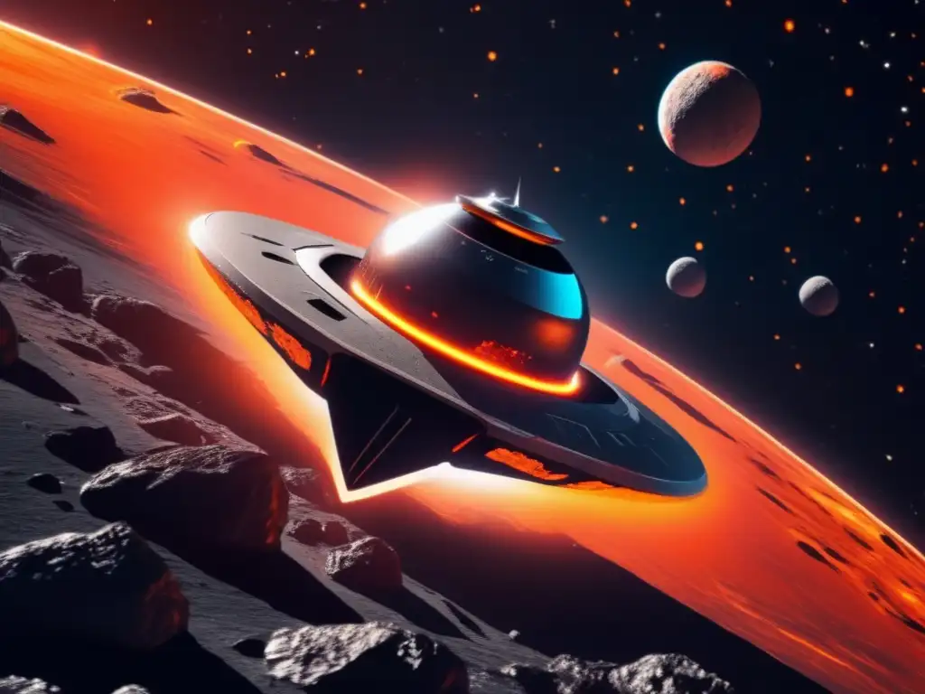 A staggering view of a futuristic spaceship floating in front of an fiery orange-red asteroid, ready to descend into its heart of iron