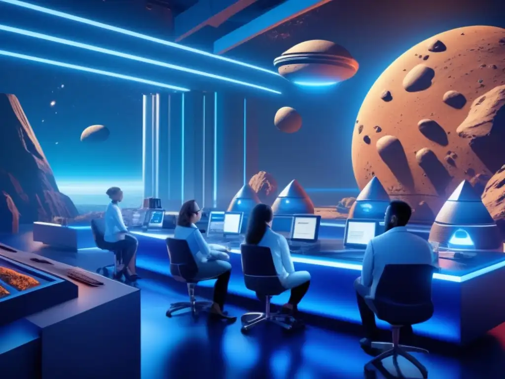 A team of scientists in a futuristic lab, studying Hilda asteroids with intensity, surrounded by state-of-the-art equipment