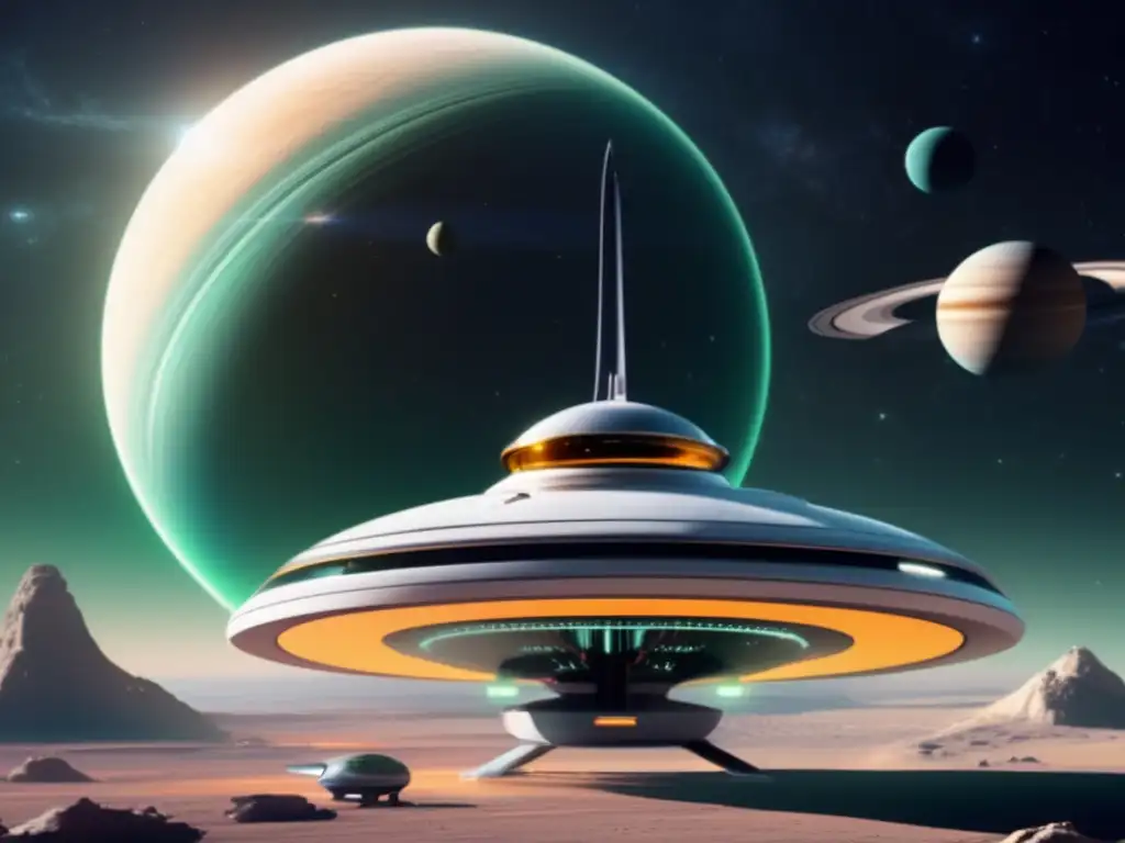 A breathtaking view of a futuristic spaceship in the vastness of space, with Deiphobus and Io in the foreground and Saturn's rings in the background