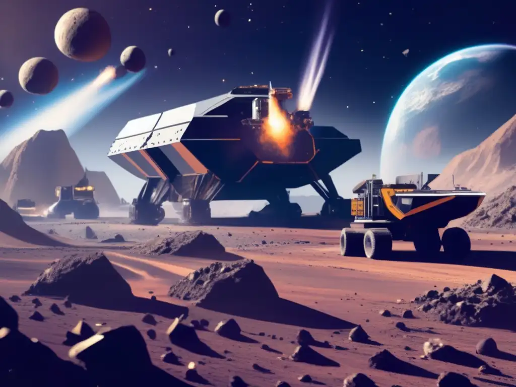 Discover the future of space mining with this detailed image of a futuristic facility, complete with drilling vessels and asteroids
