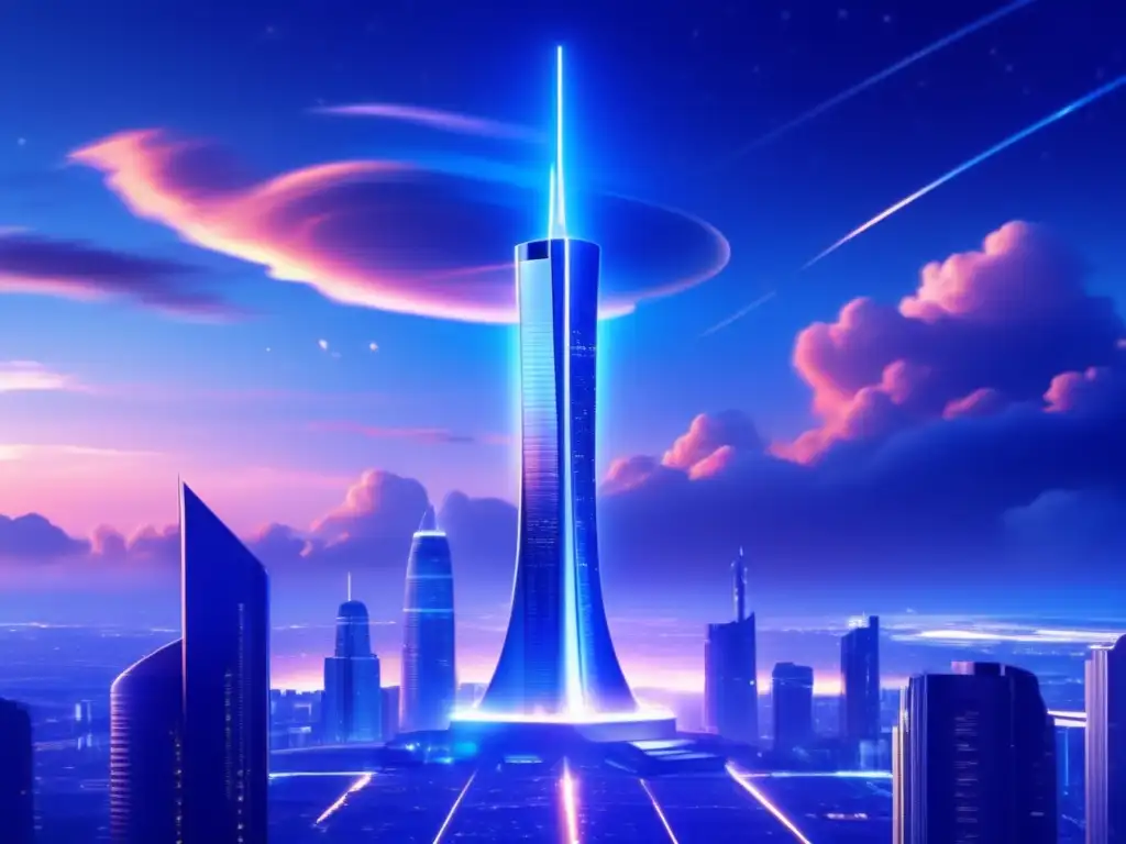 Dash: - A futuristic, sleek skyscraping metallic tower stands tall against a deep indigo night sky, emitting a pulsating blue glow at its pinnacle