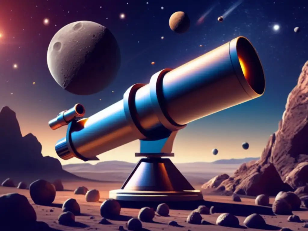 A sleek, futuristic telescope points to the stars and asteroids in the background