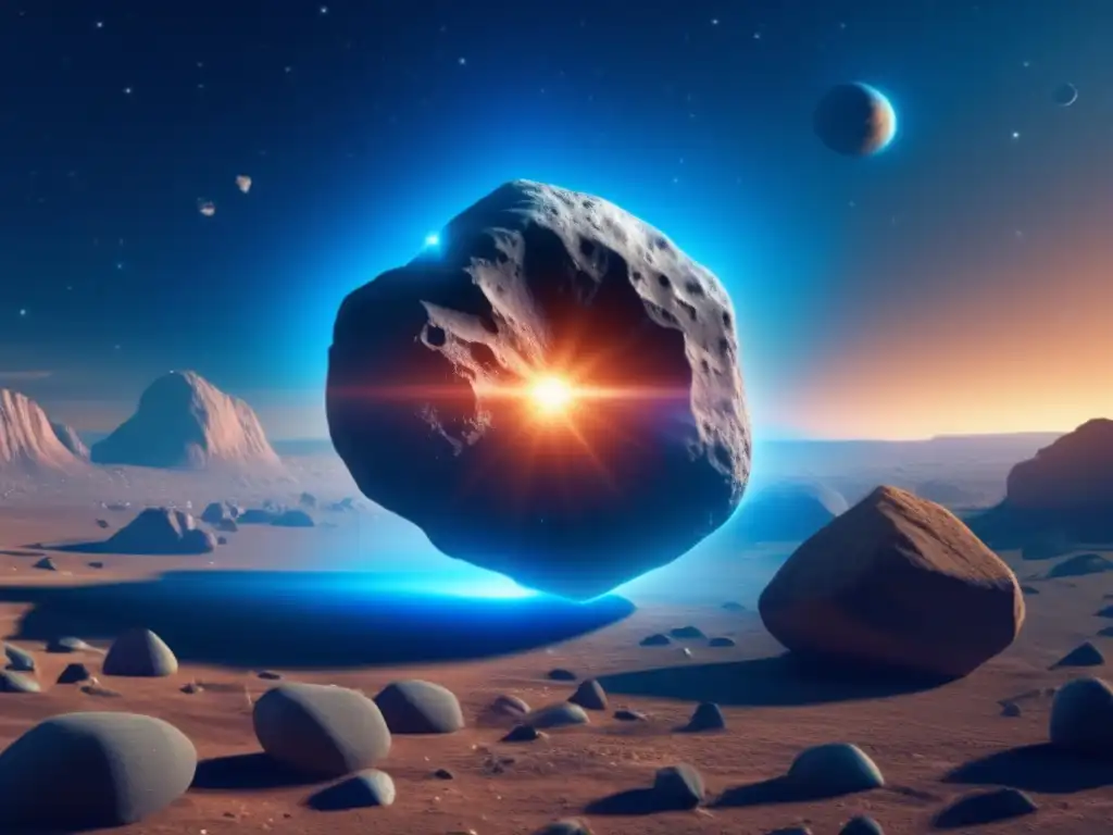 Dash: A celestial masterpiece showcases the grandeur of asteroid 1036 Ganymed, illuminated from behind by a vibrant blue planetary nebula, floating amidst rocky landscapes, as the background of this stunning capture gives a glimpse into the vastness of space - truly unparalleled