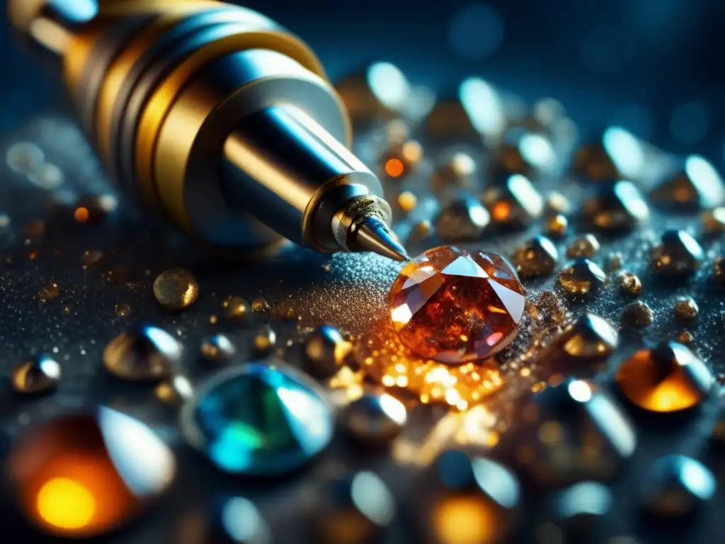 A sparkling gem-encrusted drill glows in the folds of rusted machinery, hinting at the grandeur and peril of mining data in the distant galaxy