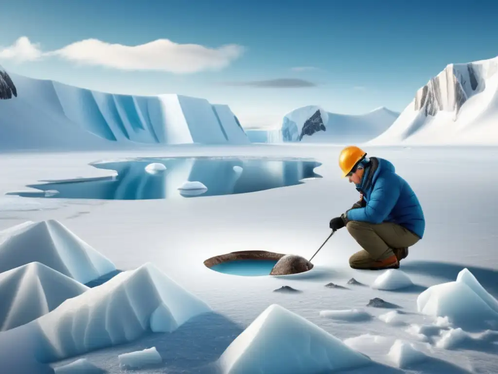 Dash - A stunning photorealistic illustration of a geologist studying a newly discovered impact site on the Arctic ice cap