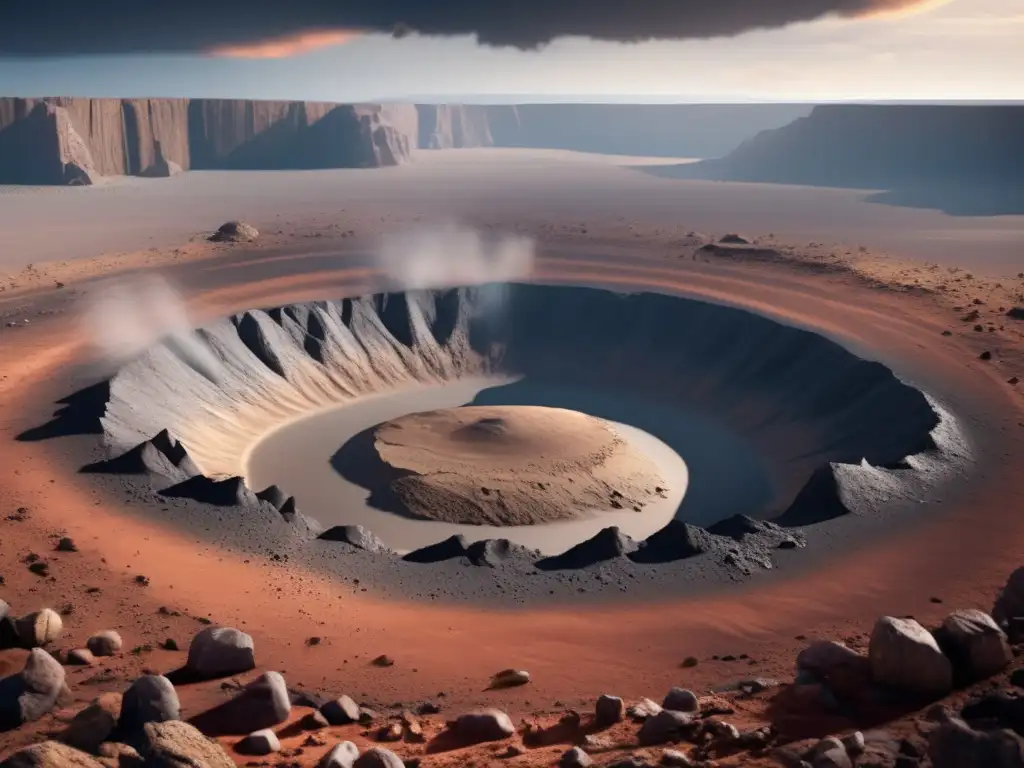 A breathtaking photorealistic depiction of a fresh impact crater in a rugged landscape