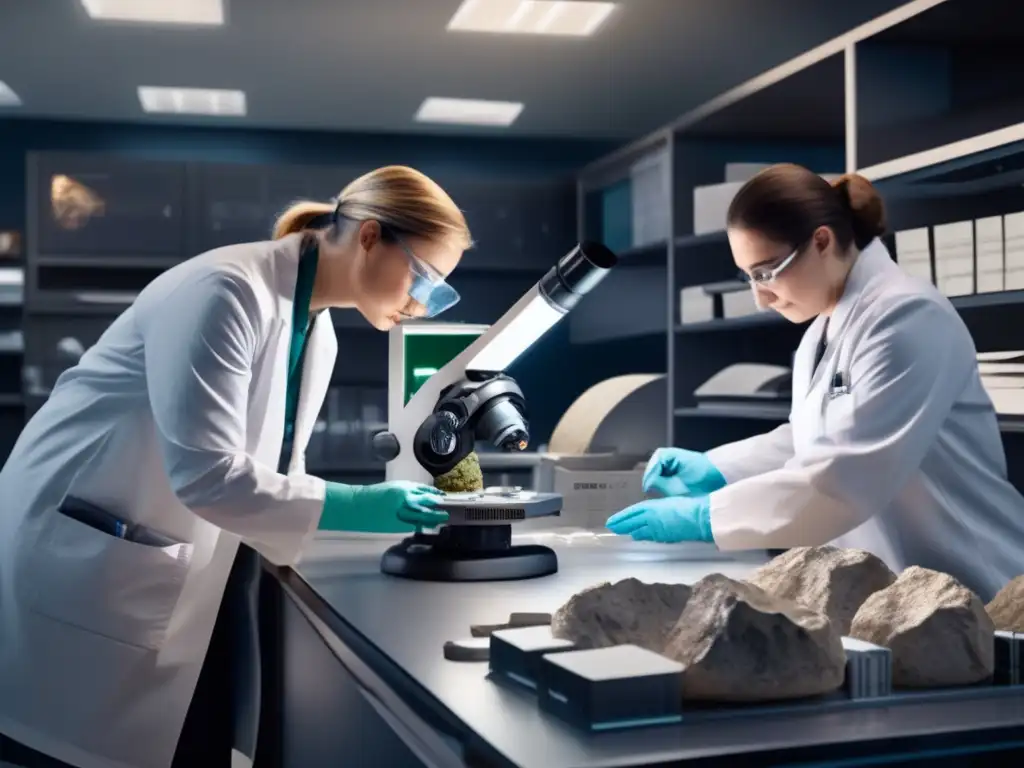 Scientists and geologists in lab attire meticulously study an enormous asteroid rock sample using specialized tools and equipment