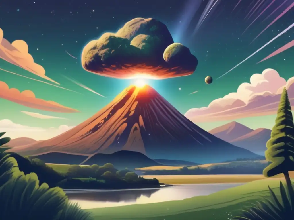 A stunning illustration of an asteroid hurtling across a serene landscape in New Zealand