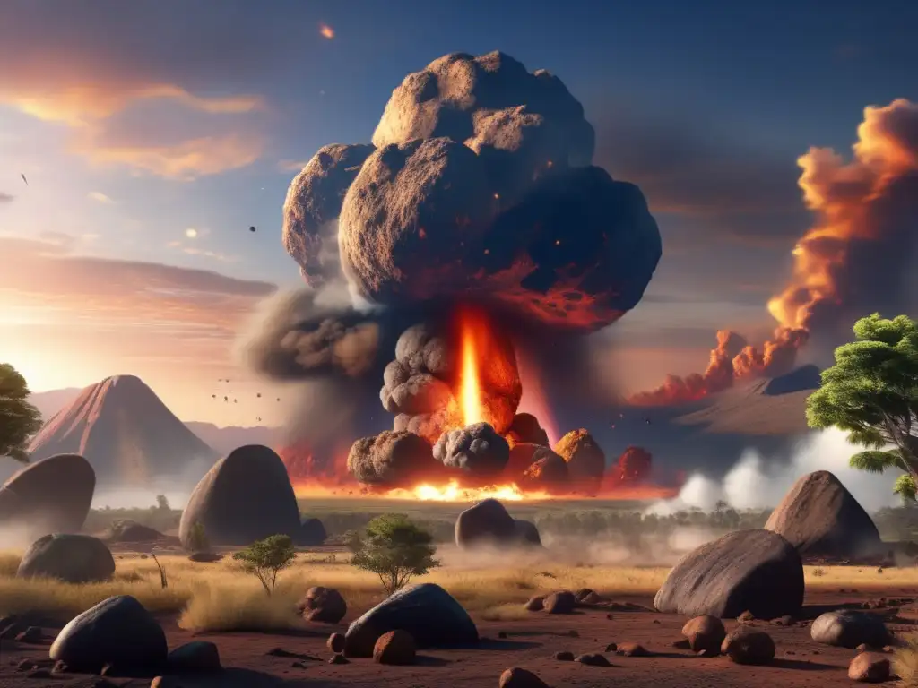 A mesmerizing photorealistic depiction of a colossal asteroid impact, decimating a lush prehistoric landscape