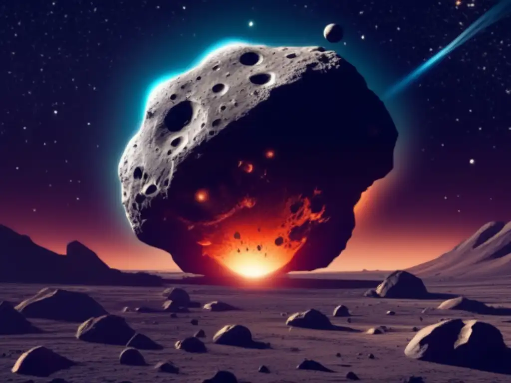 A massive asteroid, resembling a football stadium, glows faintly and barreys debris across its path