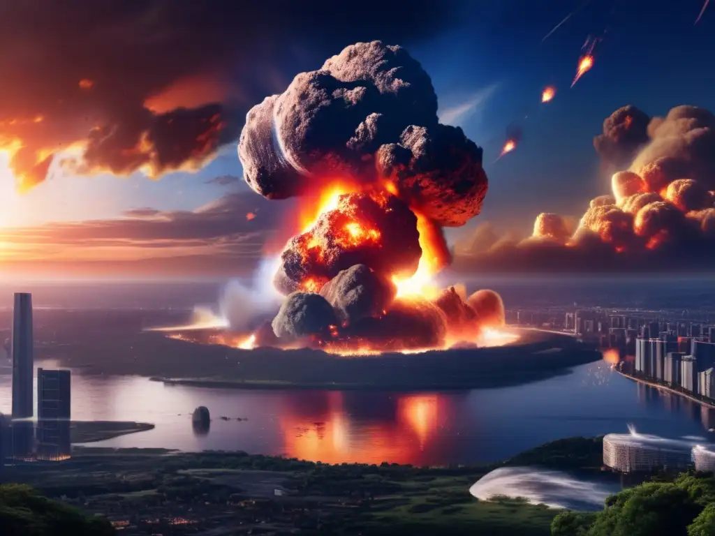 An apocalyptic scene unfolds as a monstrous asteroid plummets into Earth's surface
