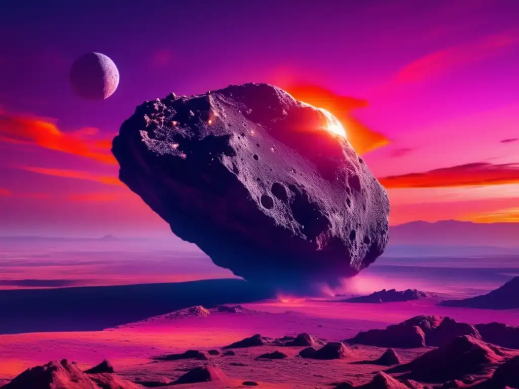 A celestial masterpiece depicts a captivating giant asteroid hovering amidst a magnificent sunset's fiery hues
