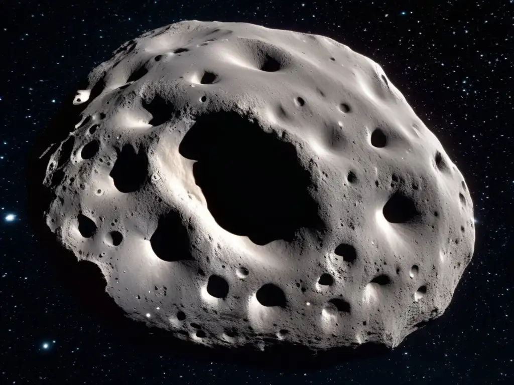 A close-up photograph of Asteroid Euryalus, surrounded by the vastness of space, reveals its jagged surface and unique features