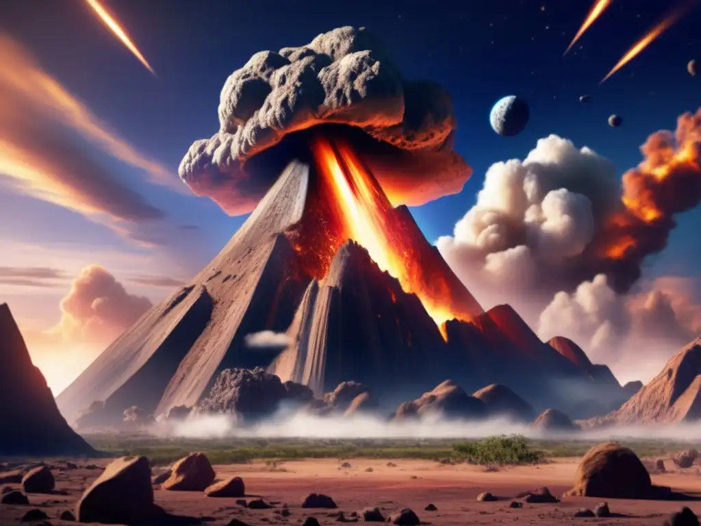 A photorealistic image of a massive asteroid impacting a prehistoric planet, triggering the extinction of a dinosaur species