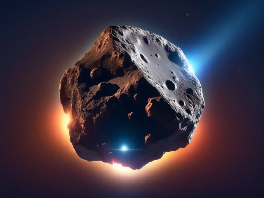A photorealistic image of a small asteroid in a halo of light, surrounded by warm and cool shades in the background