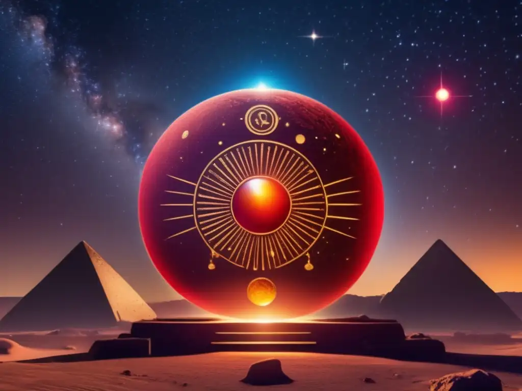 A celestial body, resembling a glowing red orb, with intricate hieroglyphic markings etched around its surface