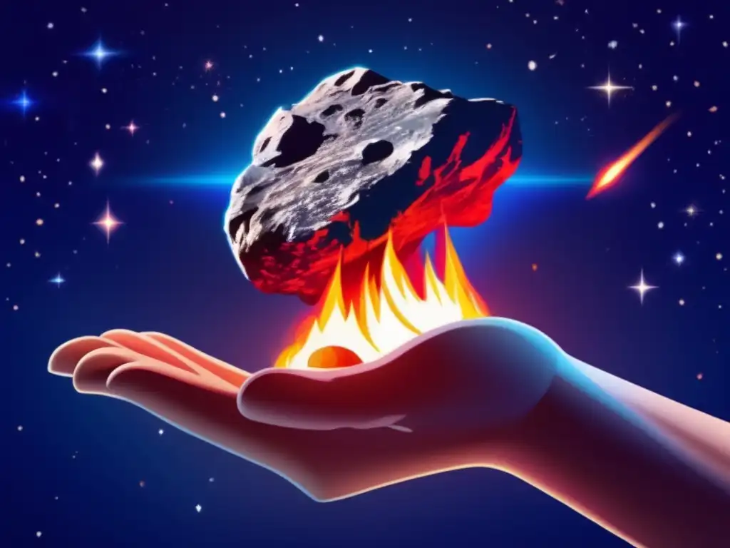A breathtaking photorealistic image of a massive asteroid rock floating in a deep blue space with glowing stars in the background