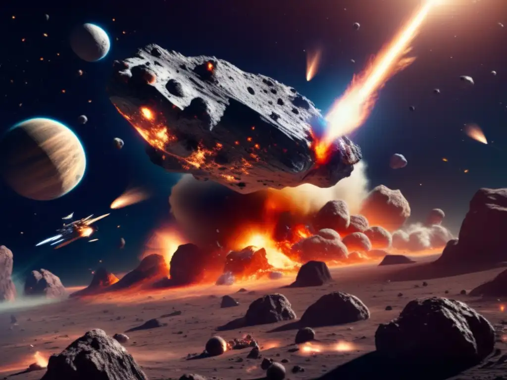 An asteroid breaks through space in a dazzling photorealistic image, surrounded by a swarm of starfighters and motherships