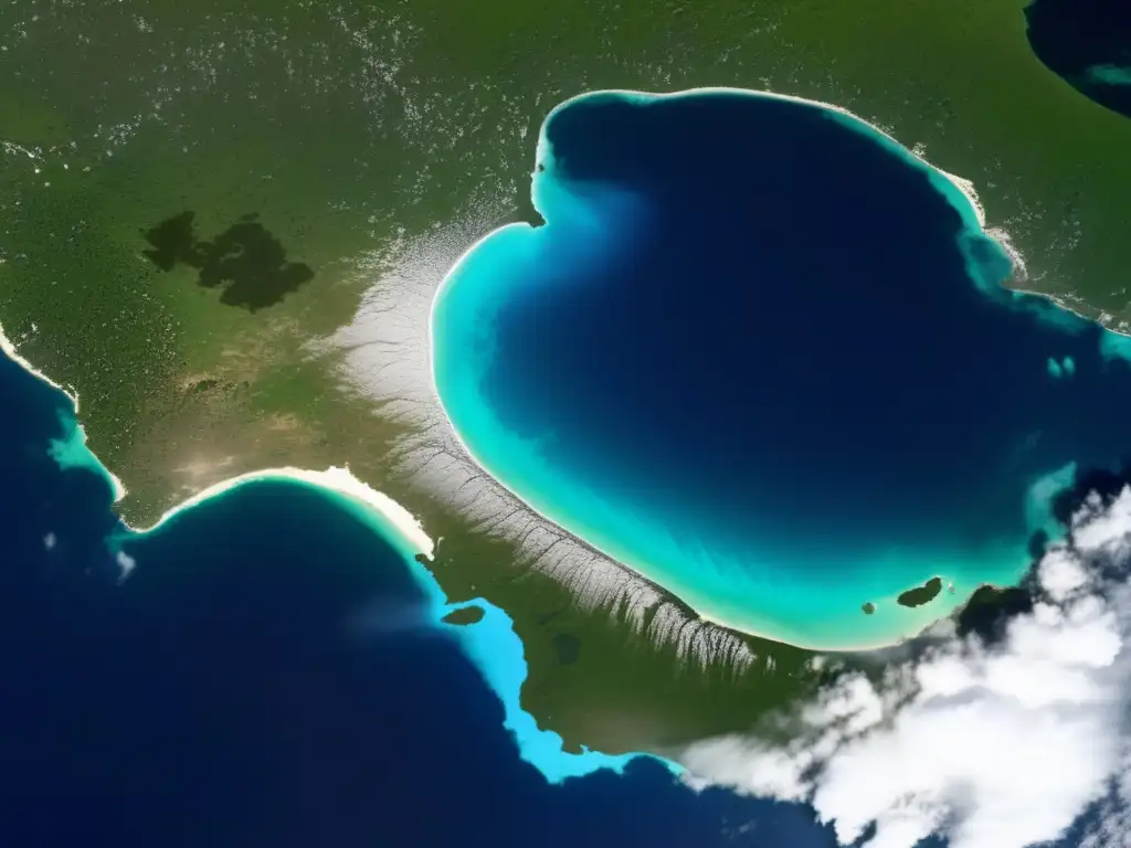 A stunning satellite image of the Yucatan Peninsula features the Chicxulub Crater, glowing with a soft white light