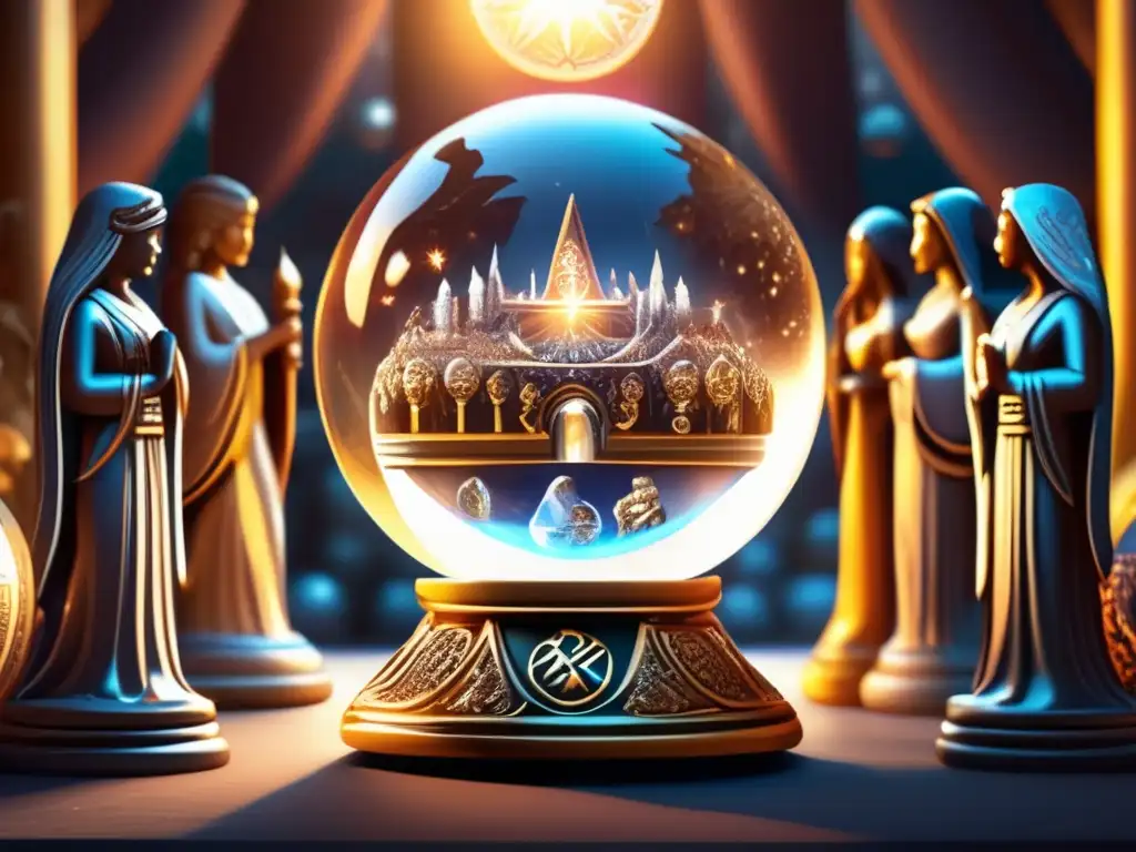 A stunning photorealistic image of a crystal ball with a glowing aura, nestled amongst a group of majestic goddess statues