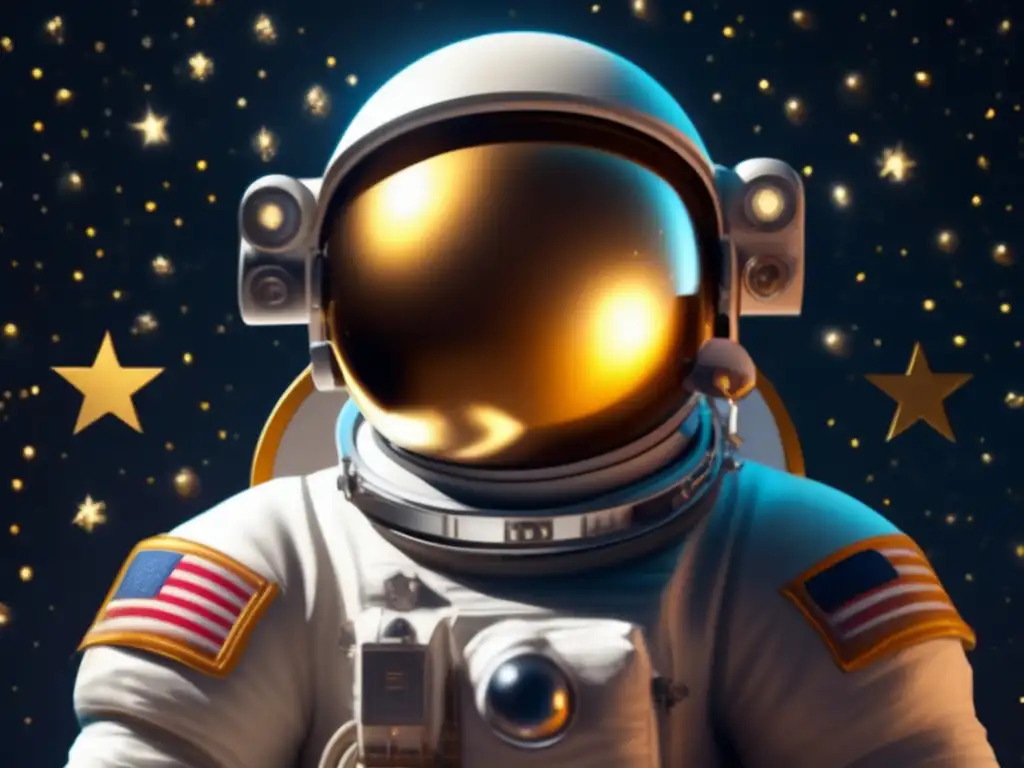 A cosmonaut stands stoically beside a shimmering golden orb, surrounded by the vast expanse of the cosmos
