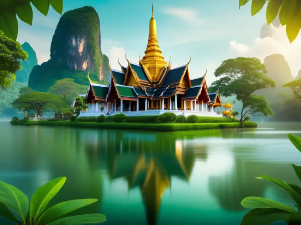 A serene river flows through a lush green landscape surrounding a traditional Thai temple, depicted with intricate details and intricate gold work
