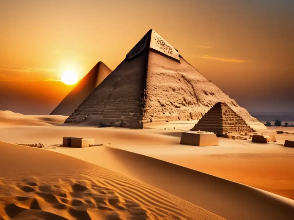 The Great Pyramid of Giza glows in the fiery gold of sunset, its intricate details etched into every stone by the hands of workers through the ages