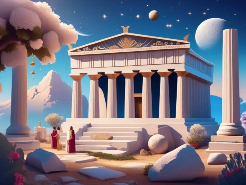 An ancient Greek temple stands proudly around a majestic asteroid in a serene landscape, adorned with intricate celestial symbols