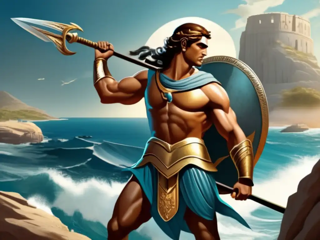 Diomedes stands tall with his sword in hand, looking out to sea with a determined gaze, his armor gleaming in the golden light