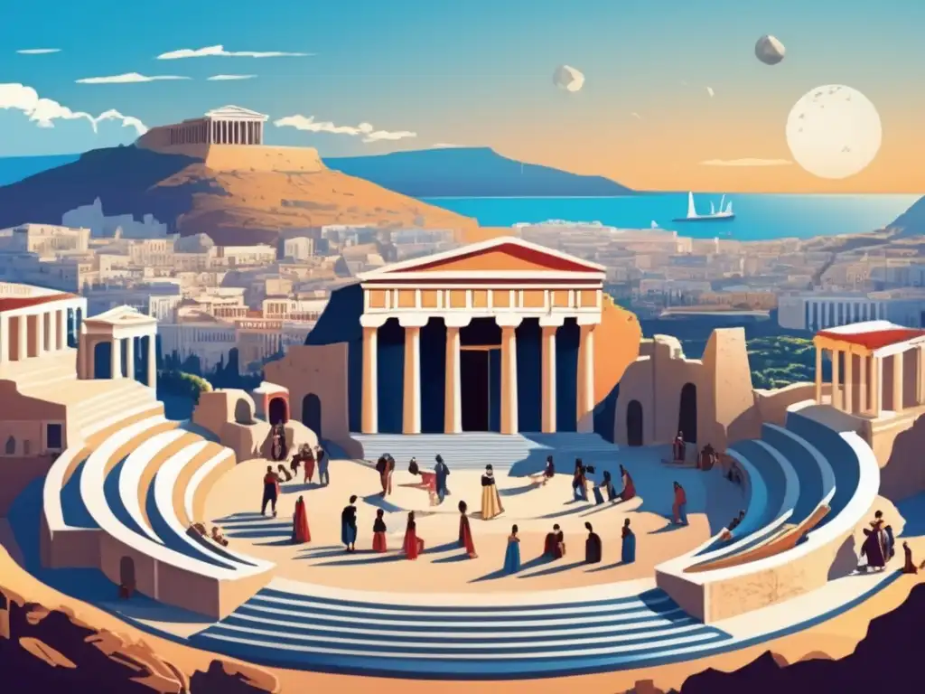 A Greek theater in a bustling city, rehearsals for an asteroid play amidst vibrant skyline