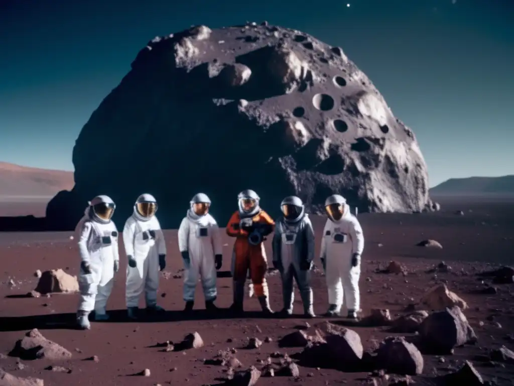 A team of expert scientists, clad in protective gear and armed with advanced technology, gather around a dark brown asteroid with craters on its surface