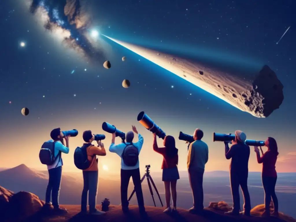 A group of passionate astronomers unite under the stars, their faces filled with excitement as they share their telescopes and gaze upon an asteroid